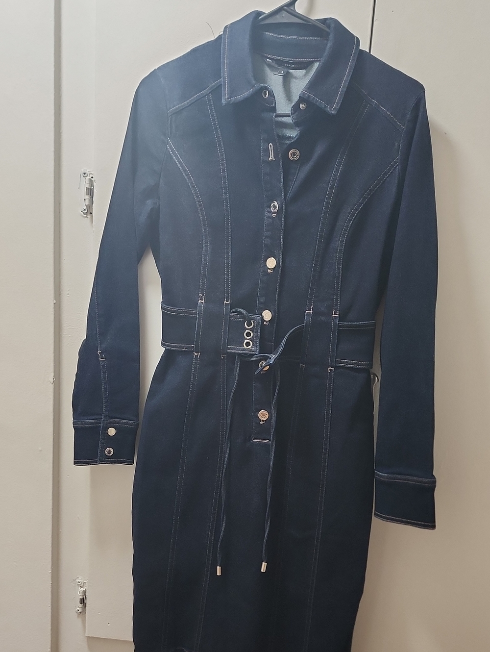 White House Black Market Navy Belted Trench Dress (Long 40-inch)